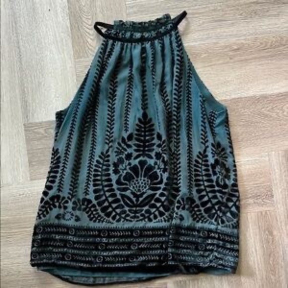 Max Studio Dark Green Velvet Patterned Tank Top / Halter, Small - Picture 1 of 9